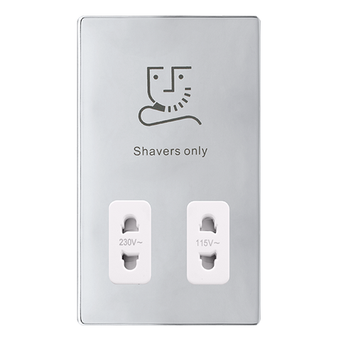 Screwless Plate Polished Chrome 115/230V Dual Voltage Shaver Socket - White Trim - SE Home