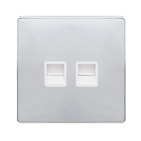 Screwless Plate Polished Chrome Twin Telephone Master Outlet - White Trim