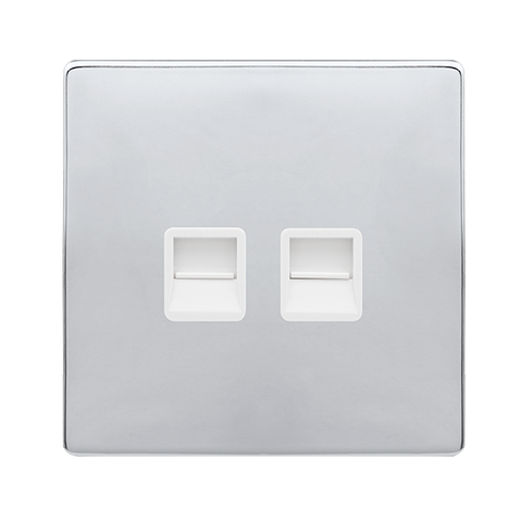 Screwless Plate Polished Chrome Twin Telephone Master Outlet - White Trim - SE Home