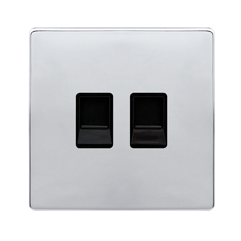 Screwless Plate Polished Chrome Twin Telephone Secondary Outlet - Black Trim