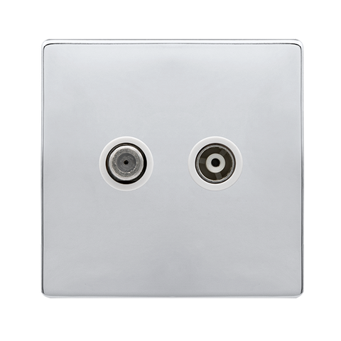 Screwless Plate Polished Chrome Isolated Satellite + Isolated Coaxial Outlet- White Trim
