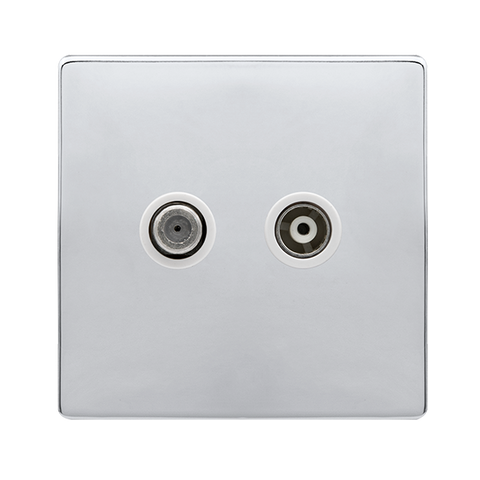 Screwless Plate Polished Chrome Isolated Satellite + Isolated Coaxial Outlet- White Trim - SE Home