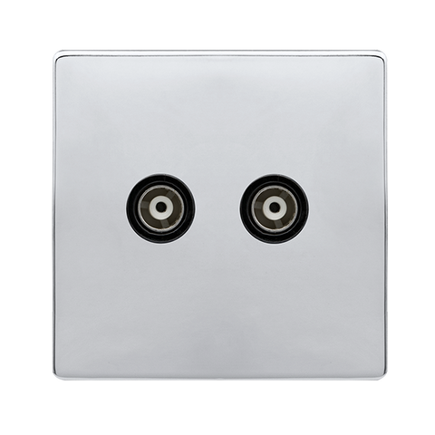 Screwless Plate Polished Chrome Twin Isolated Coaxial Outlet - Black Trim - SE Home
