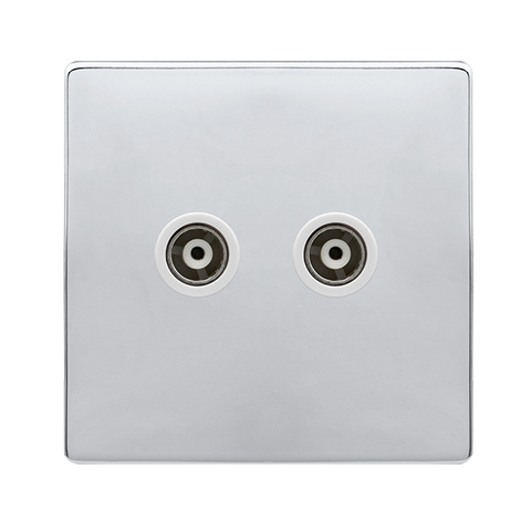 Screwless Plate Polished Chrome Twin Isolated Coaxial Outlet - White Trim