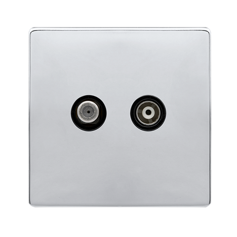 Screwless Plate Polished Chrome Non-Isolated Satellite + Non-Isolated Coaxial Outlet- Black Trim - SE Home