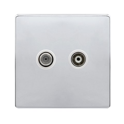 Screwless Plate Polished Chrome Non-Isolated Satellite + Non-Isolated Coaxial Outlet- White Trim