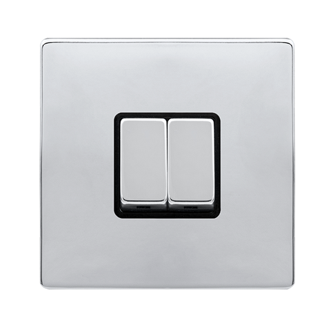 Screwless Plate Polished Chrome 10A Ingot 2 Gang 2 Way Switch - Black Trim - SE Home
