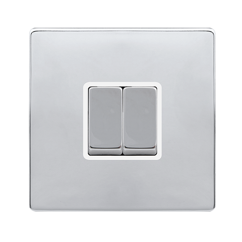 Screwless Plate Polished Chrome 10A Ingot 2 Gang 2 Way Light Switch - White Trim - SE Home