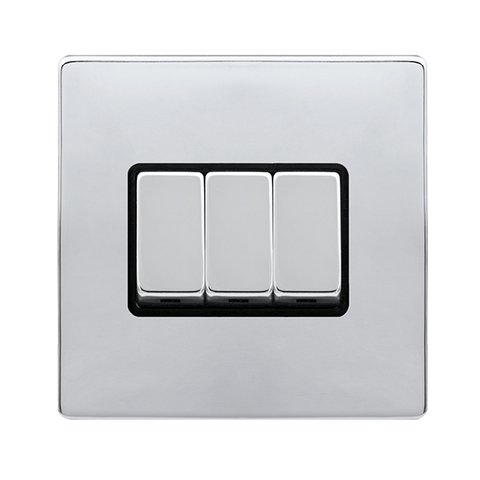 Screwless Plate Polished Chrome 10A Ingot 3 Gang 2 Way Switch - Black Trim - SE Home
