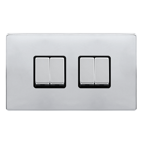 Screwless Plate Polished Chrome 10A Ingot 4 Gang 2 Way Switch - Black Trim