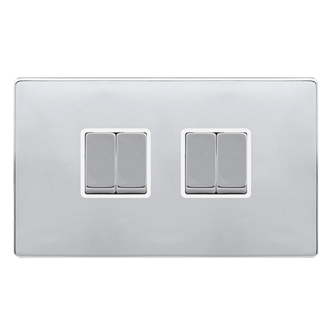 Screwless Plate Polished Chrome 10A Ingot 4 Gang 2 Way Light Switch - White Trim