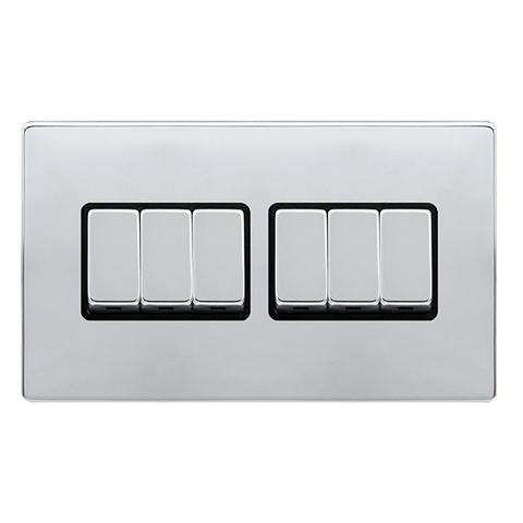 Screwless Plate Polished Chrome 10A Ingot 6 Gang 2 Way Switch - Black Trim