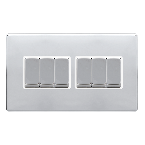 Screwless Plate Polished Chrome 10A Ingot 6 Gang 2 Way Light Switch - White Trim