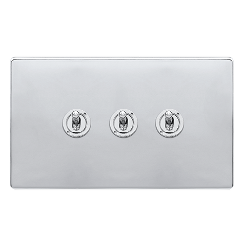 Screwless Plate Polished Chrome 10A 3 Gang 2 Way Toggle Light Switch - SE Home