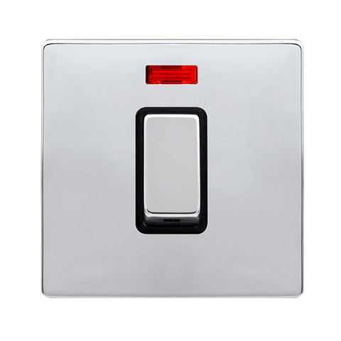 Screwless Plate Polished Chrome 50A Ingot 1 Gang Double Pole Switch With Neon - Black Trim - SE Home