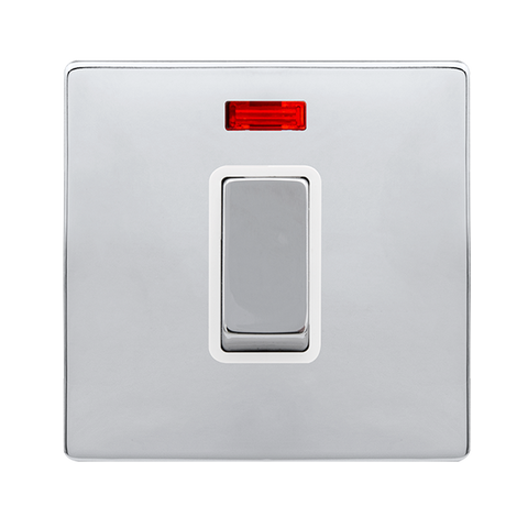 Screwless Plate Polished Chrome 50A Ingot 1 Gang Double Pole Switch With Neon - White Trim - SE Home