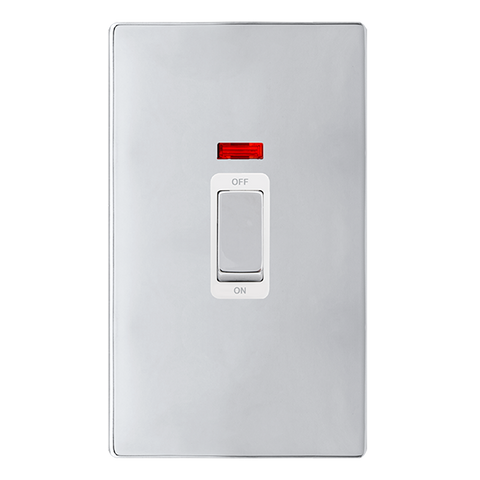 Screwless Plate Polished Chrome 50A Ingot 2 Gang Double Pole Switch With Neon - White Trim - SE Home