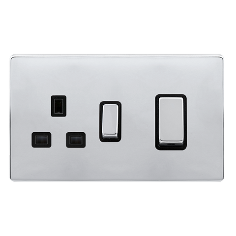 Screwless Plate Polished Chrome 50A Ingot Double Pole Switch With 13A Double Pole Switched Plug Socket -  Black Trim