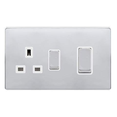 Screwless Plate Polished Chrome 50A Ingot Double Pole Switch With 13A Double Pole Switched Plug Socket - White Trim - SE Home