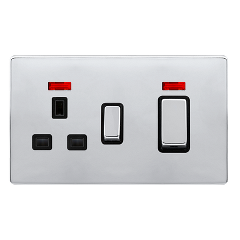 Screwless Plate Polished Chrome 50A Ingot Double Pole Switch With 13A Double Pole Switched Plug Socket + Neon - Black Trim - SE Home