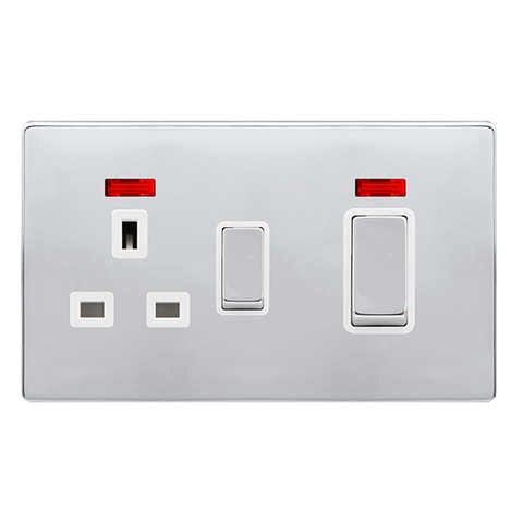 Screwless Plate Polished Chrome 50A Ingot Double Pole Switch With 13A Double Pole Switched Plug Socket + Neon -  White Trim