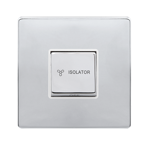 Screwless Plate Polished Chrome 10A Ingot 3 Pole Fan Isolation Switch - White Trim - SE Home