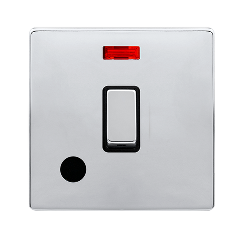 Screwless Plate Polished Chrome 20A Ingot Double Pole Switch With Neon + Flex Outlet - Black Trim - SE Home