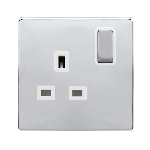 Screwless Plate Polished Chrome 13A Ingot 1 Gang DP Switched Plug Socket - White Trim