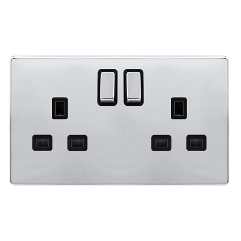 Screwless Plate Polished Chrome 13A Ingot 2 Gang DP Switched Plug Socket - Black Trim - SE Home
