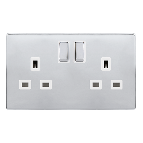 Screwless Plate Polished Chrome 13A Ingot 2 Gang DP Switched Plug Socket - White Trim