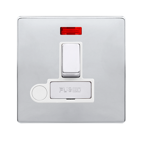 Screwless Plate Polished Chrome 13A Ingot Switched Fused Connection Unit With Neon + Optional Flex Outlet - White Trim - SE Home