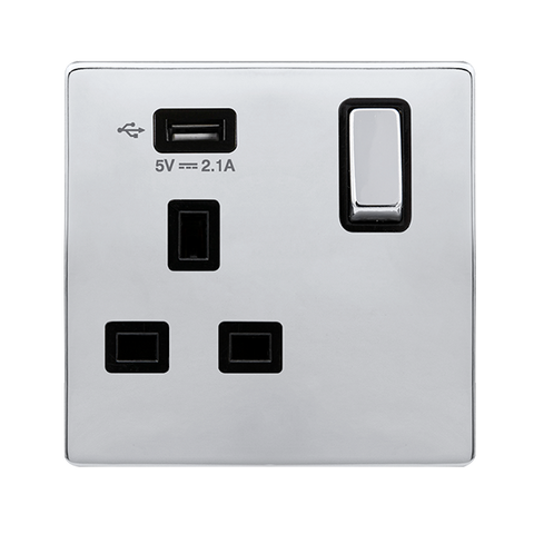 Screwless Plate Polished Chrome 13A Ingot 1 Gang Switched Plug Socket With 2.1A Usb Outlet - Black Trim - SE Home