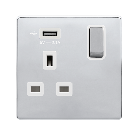 Screwless Plate Polished Chrome 13A Ingot 1 Gang Switched Plug Socket With 2.1A Usb Outlet - White Trim - SE Home