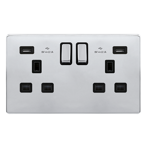 Screwless Plate Polished Chrome 13A Ingot 2 Gang Switched Plug Socket With 2.1A Usb Outlets - Black Trim