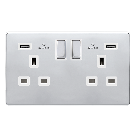 Screwless Plate Polished Chrome 13A Ingot 2 Gang Switched Plug Socket With 2.1A Usb Outlets - White Trim - SE Home