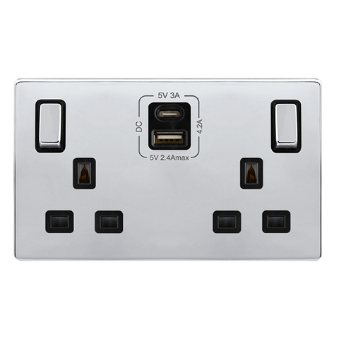 Screwless Plate Polished Chrome 13A Ingot 2 Gang Switched Plug Socket With Type A + C Usb - Black Trim