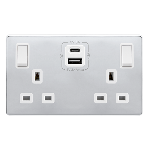 Screwless Plate Polished Chrome 13A Ingot 2 Gang Switched Plug Socket With Type A + C Usb - White Trim - SE Home