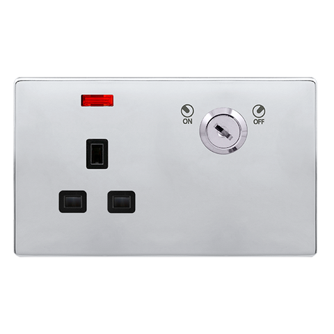 Screwless Plate Polished Chrome 13A 1 Gang Double Pole Key Lockable Socket With Neon - Black Trim - SE Home