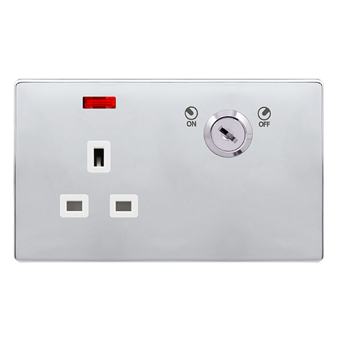 Screwless Plate Polished Chrome 13A 1 Gang Double Pole Key Lockable Socket With Neon - White Trim - SE Home