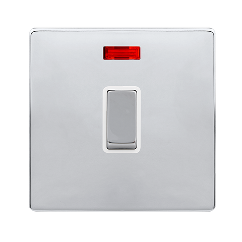 Screwless Plate Polished Chrome 20A Ingot Double Pole Switch With Neon - White Trim - SE Home