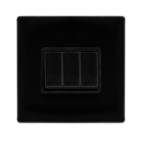 Screwless Plate Black Metal 10A   3 Gang 2 Way Light Switch - Black Trim