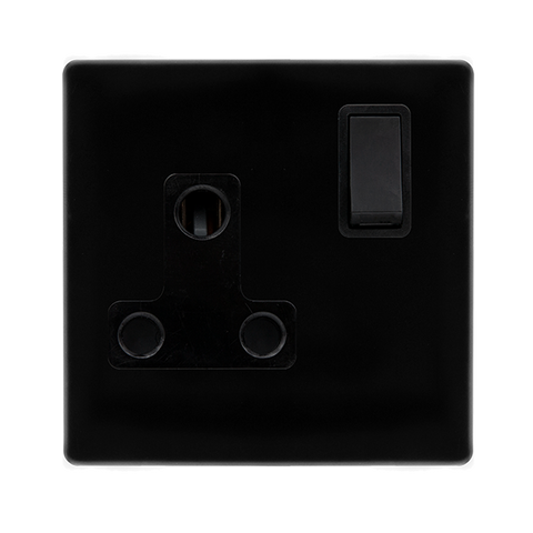 Screwless Plate Black Metal 15A Round Pin Switched Plug Socket - Black Trim