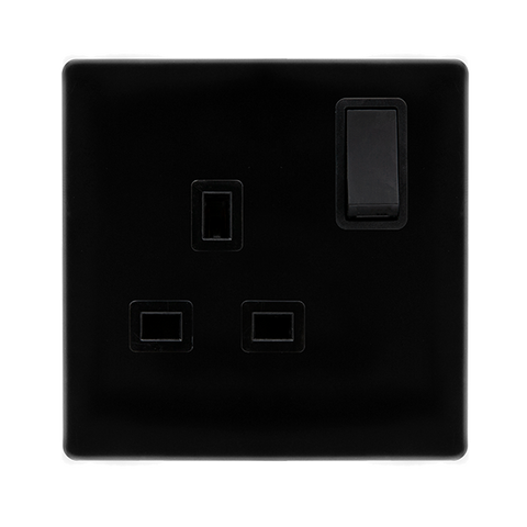 Screwless Plate Black Metal 13A   1 Gang DP Switched Plug Socket - Black Trim