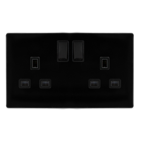 Screwless Plate Black Metal 13A   2 Gang DP Switched Plug Socket - Black Trim