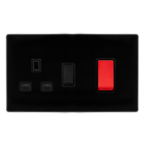 Screwless Plate Black Metal Screwless Plate Black Metal 50A Double Pole Switch With 13A Double Pole Switched Plug Socket -  Black Trim