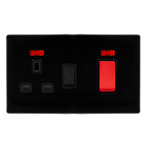 Screwless Plate Black Metal 50A Double Pole Switch With 13A Double Pole Switched Plug Socket + Neon -  Black Trim