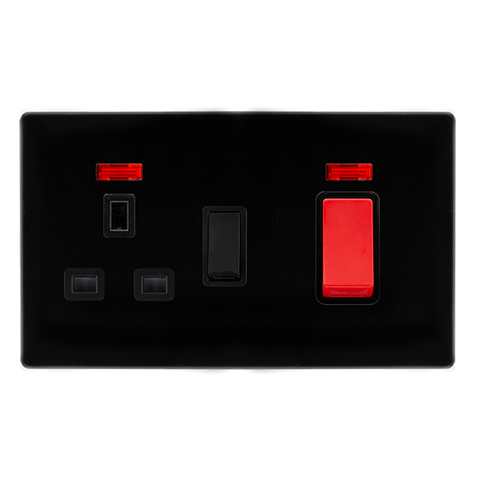 Screwless Plate Black Metal 50A Double Pole Switch With 13A Double Pole Switched Plug Socket + Neon - Black Trim - SE Home