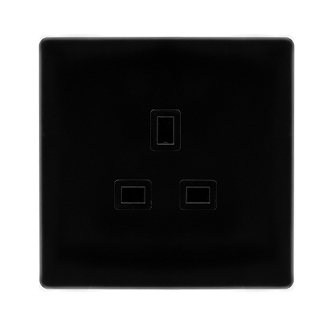 Screwless Plate Black Metal 13A 1 Gang UnSwitched Plug Socket - Black Trim