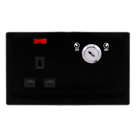 Screwless Plate Black Metal 13A 1 Gang Double Pole Key Lockable Socket With Neon - Black Trim - SE Home