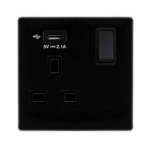 Screwless Plate Black Metal 13A 1 Gang Switched Plug Socket With 2.1A Usb Outlet - Black Trim - SE Home